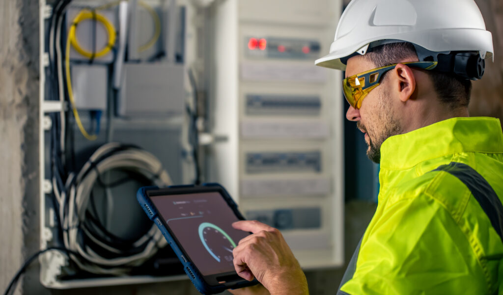 man an electrical technician working in a switchboard with fuses, uses a tablet.